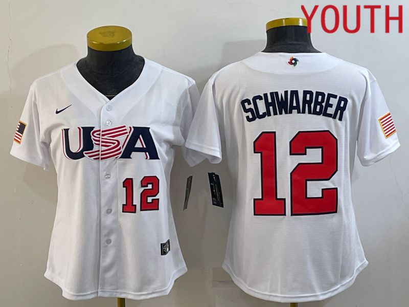 Youth 2023 World Cub USA #12 Schwarber White MLB Jersey5